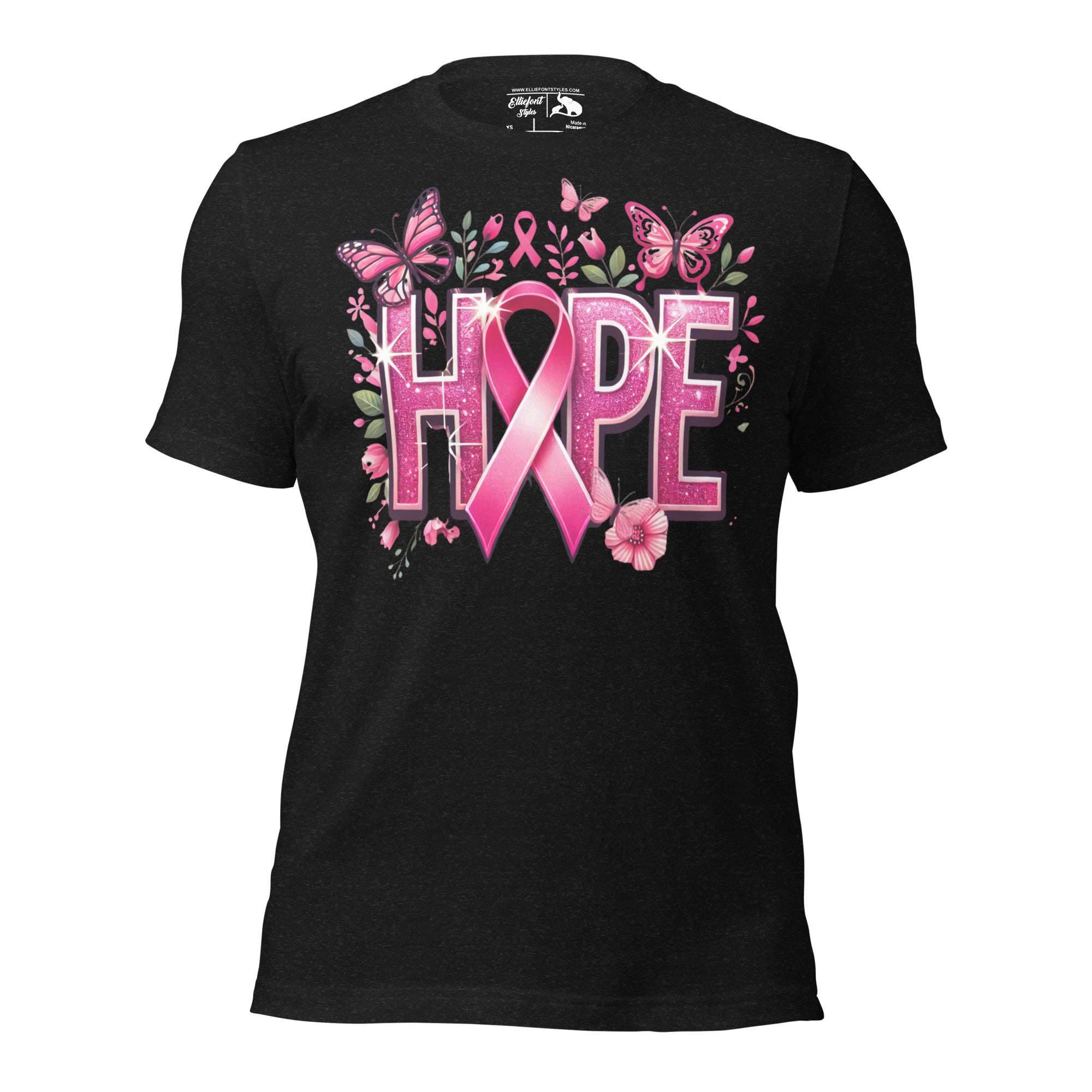 Hope shirt with pink ribbon and butterflies for breast cancer awareness