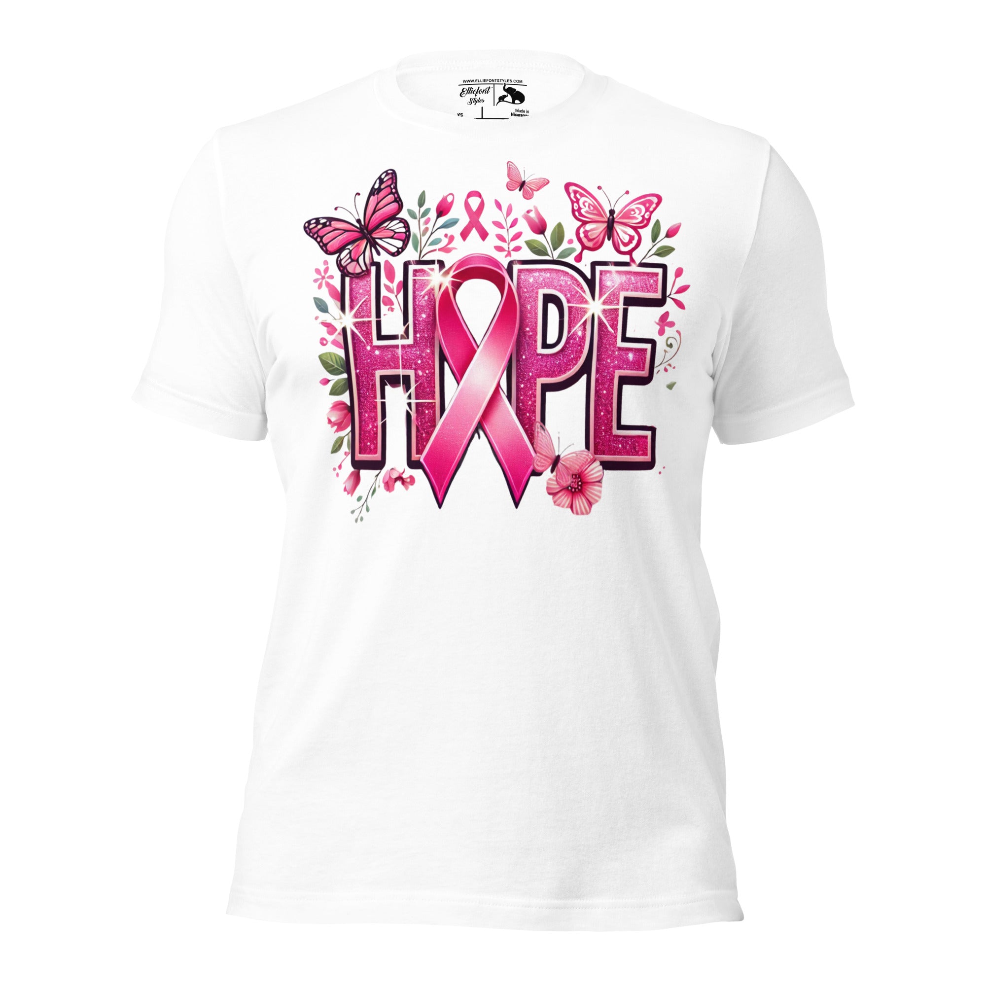 Hope shirt gift idea for breast cancer survivors with ribbon and butterfliesp