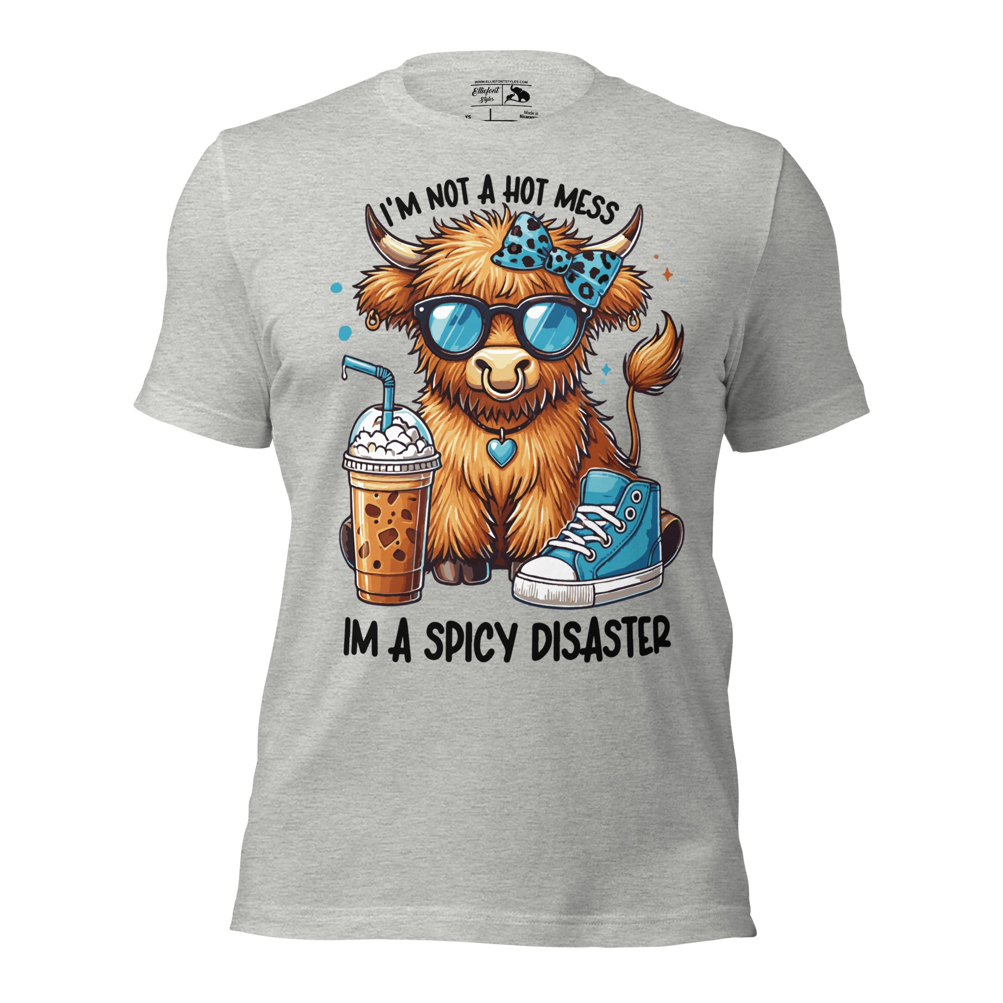 Hot mess spicy disaster Highland cow shirt with bold statement