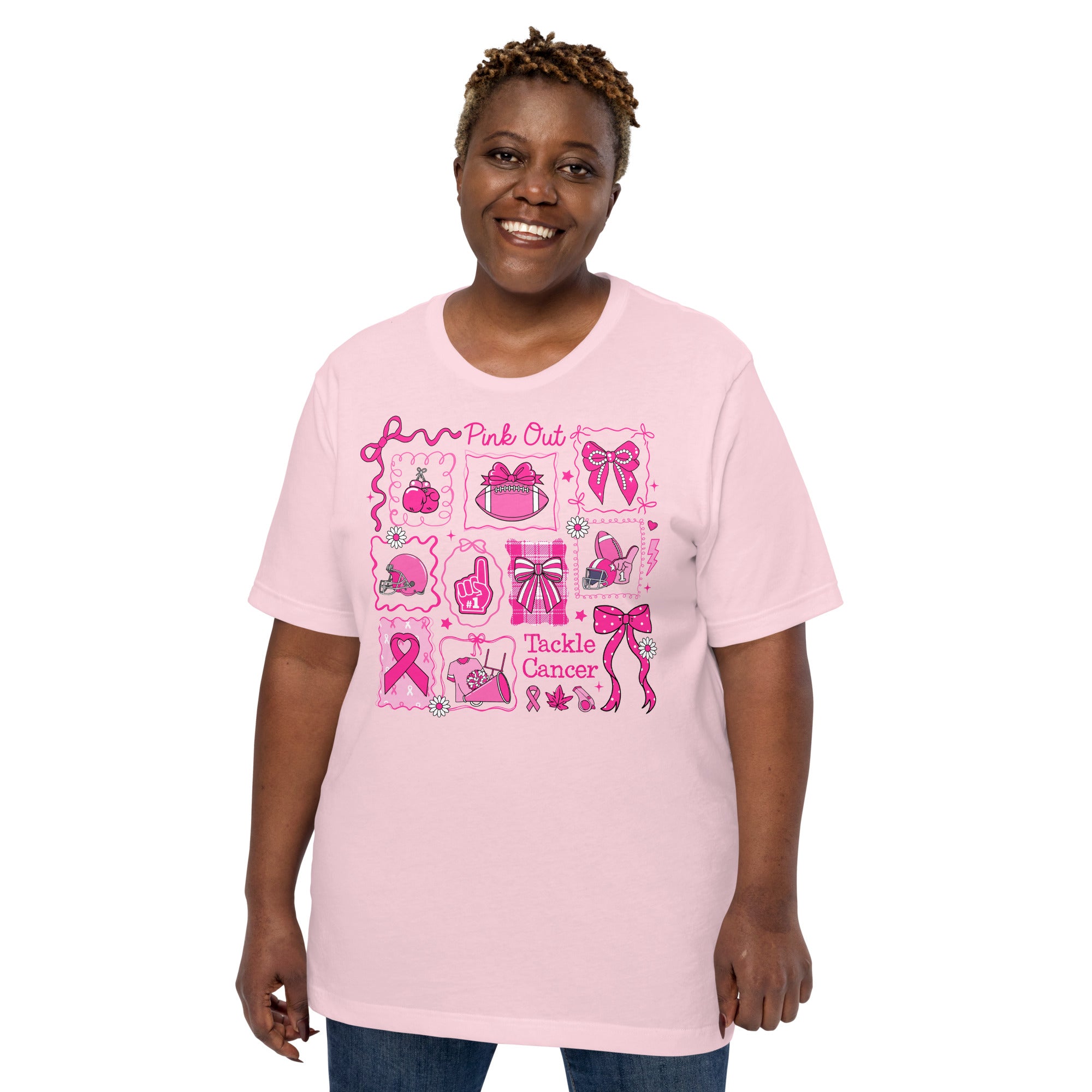 Inspirational breast cancer shirt featuring ribbons and Pink Out text