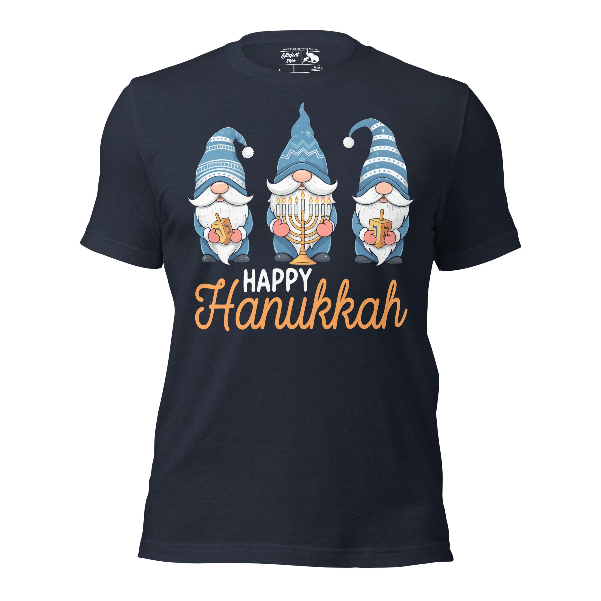 Jewish holiday shirt featuring Happy Hanukkah with playful gnomes.