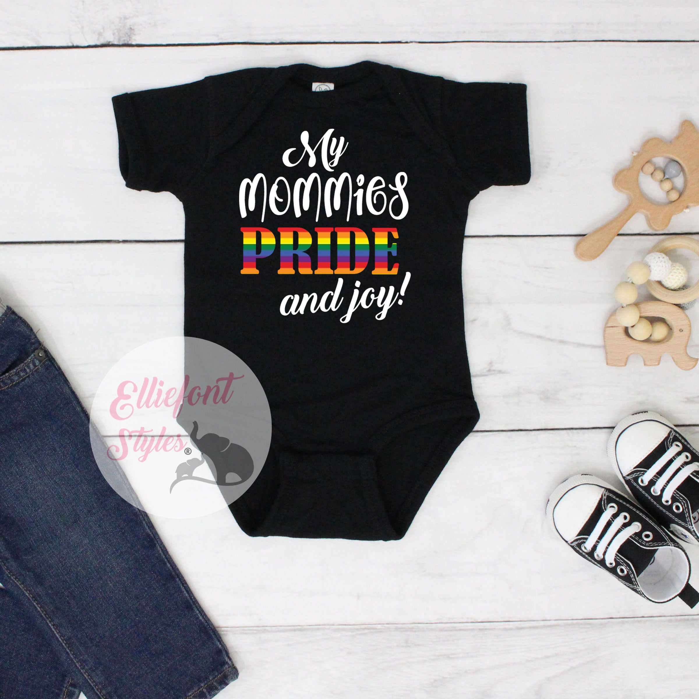 LGBTQ baby bodysuit with My Mommies Pride and Joy text