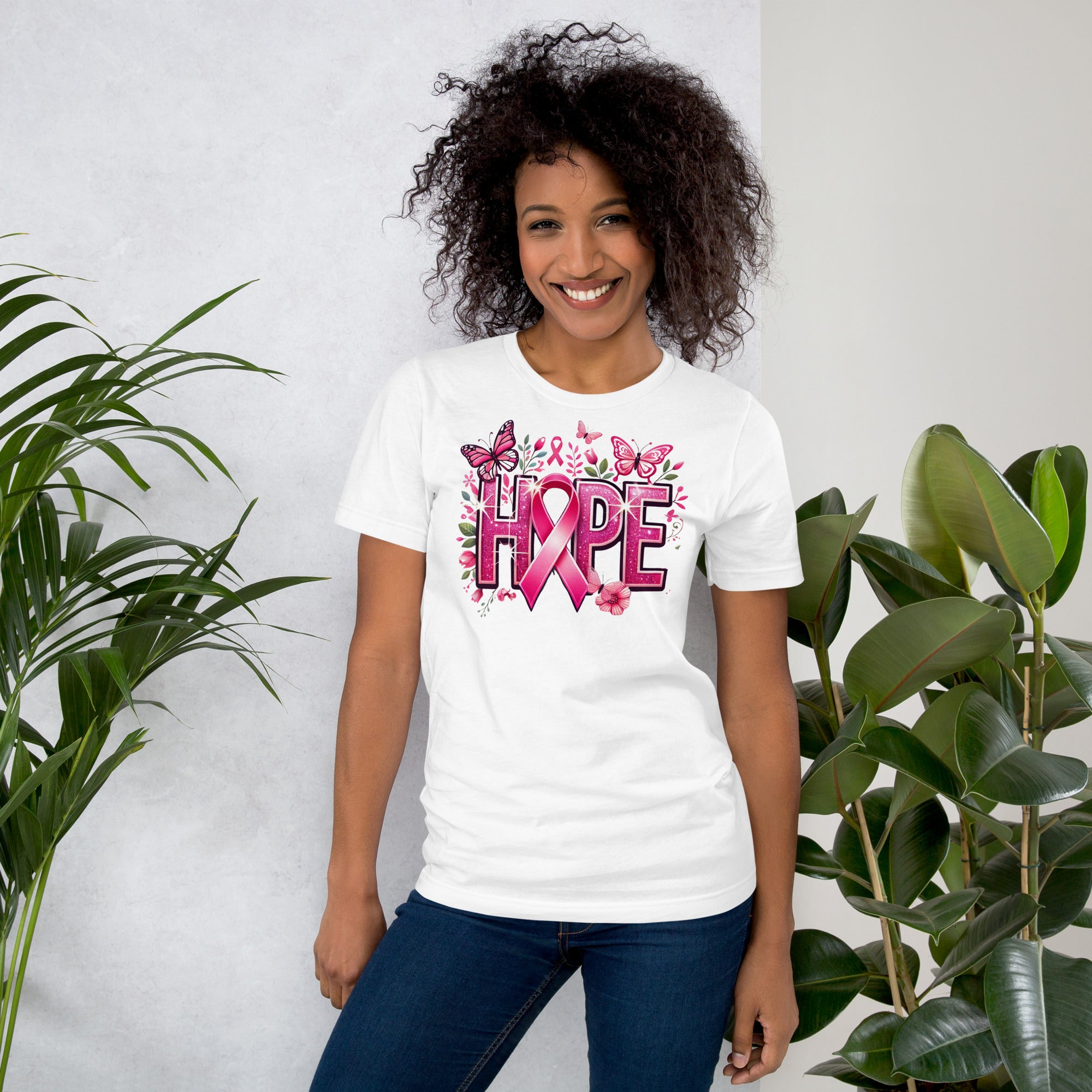 Meaningful Hope shirt with pink ribbon and butterfly breast cancer design