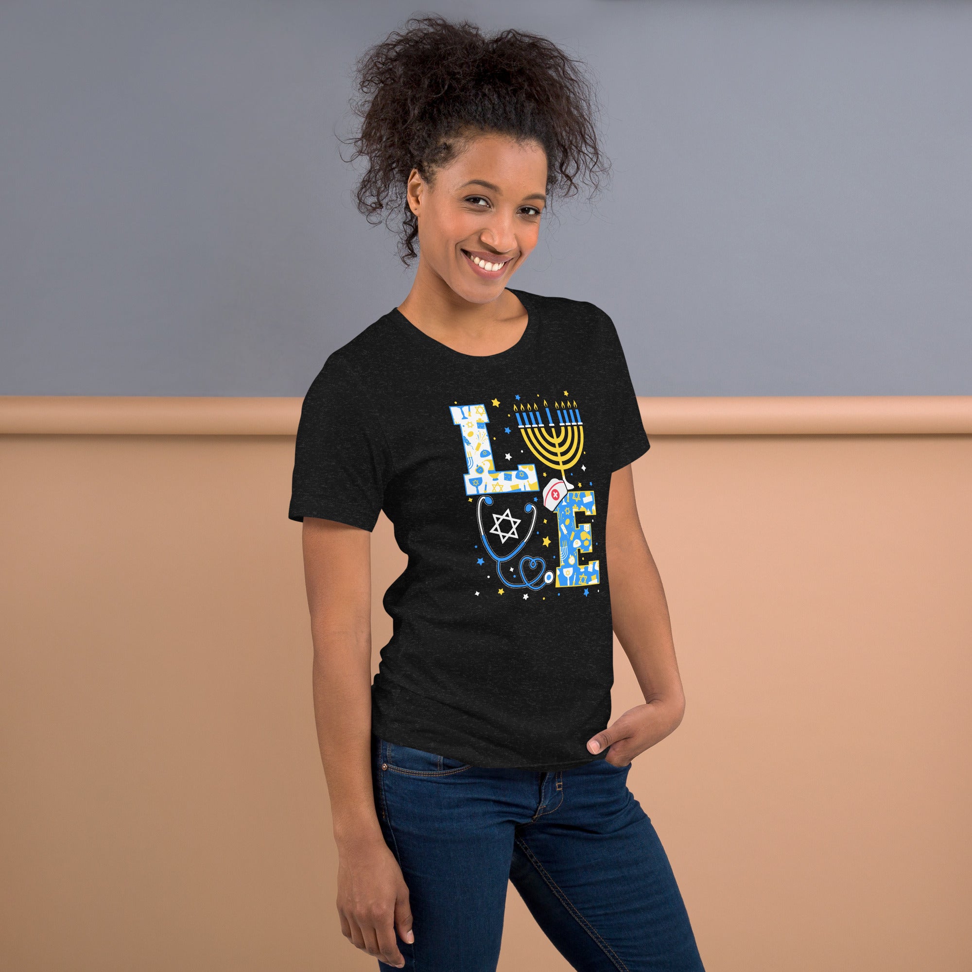 Menorah nurse LOVE graphic tee for Hanukkah celebrations