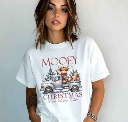 Mooey Christmas shirt featuring Highland cow in Christmas truck