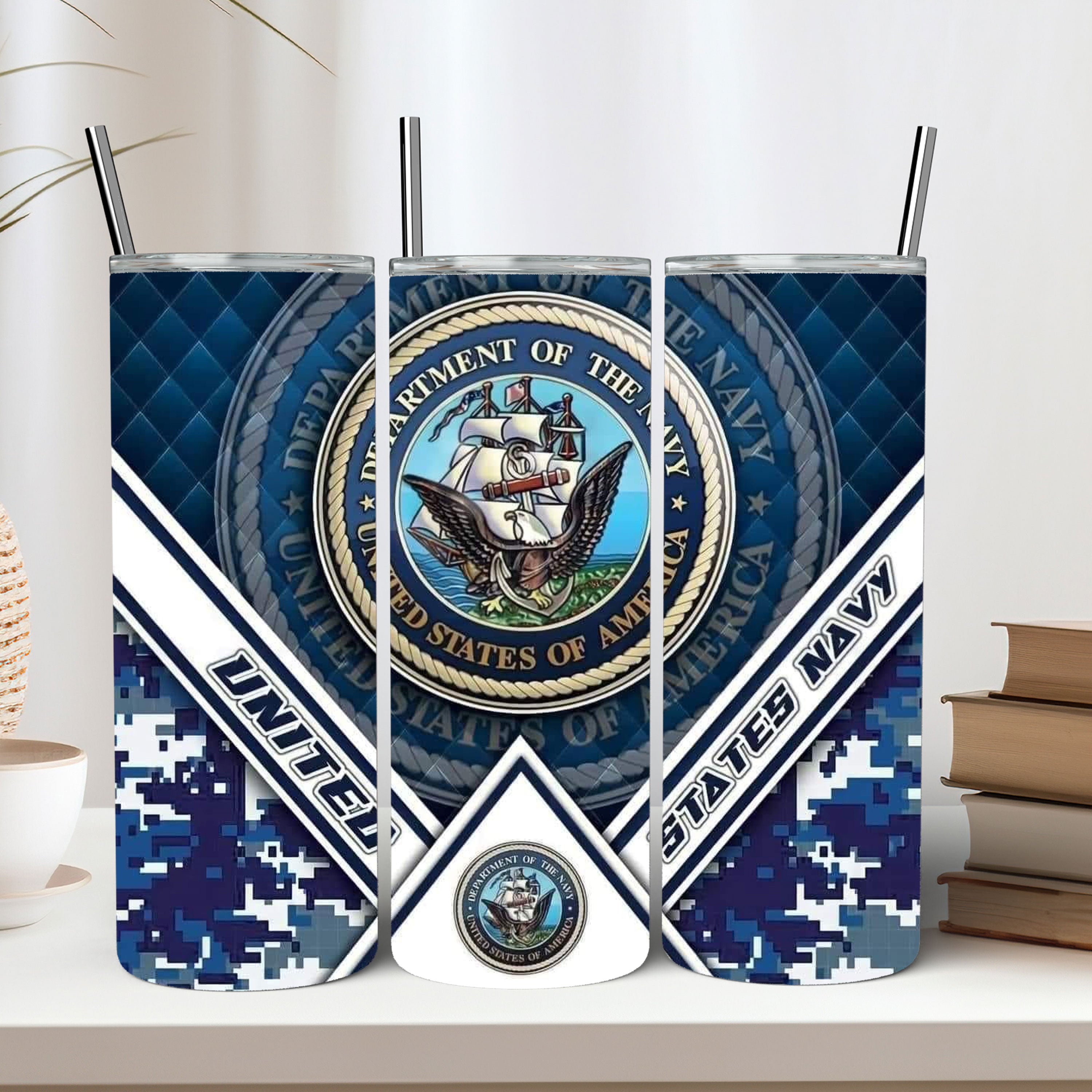 Navy tumbler shown as a gift for military families and sailors