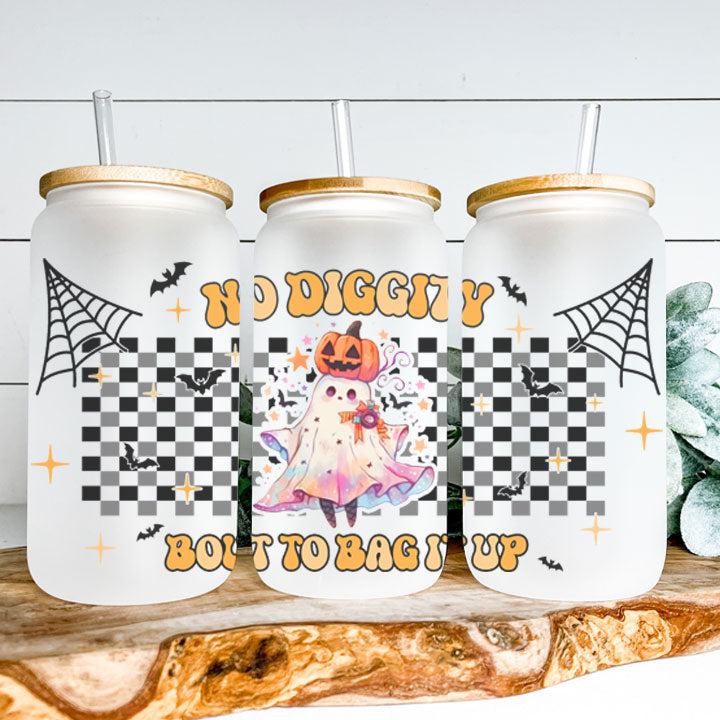 Libby Glass Can Tumbler with retro trick-or-treating ghost and “No Diggity, Bout to Bag It Up” phrase, funny Halloween gift.