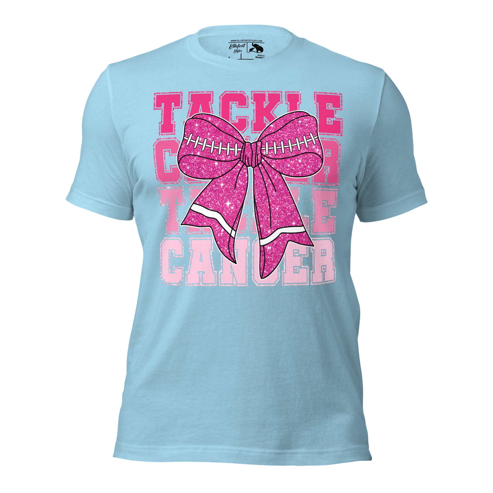 October Tackle Cancer football shirt with pink ribbon design.