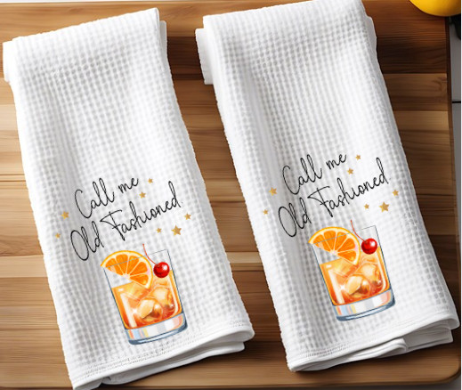 Waffle weave hand towel with Old Fashioned design displayed as Father’s Day gift idea