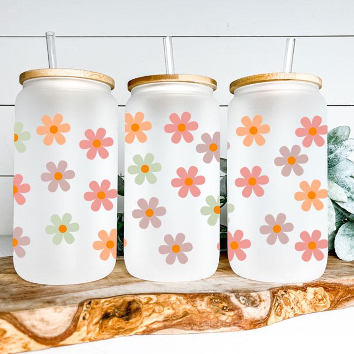 16 oz Libby Frosted Glass Can Tumbler featuring pastel daisies, reusable iced coffee gift for friends or family.