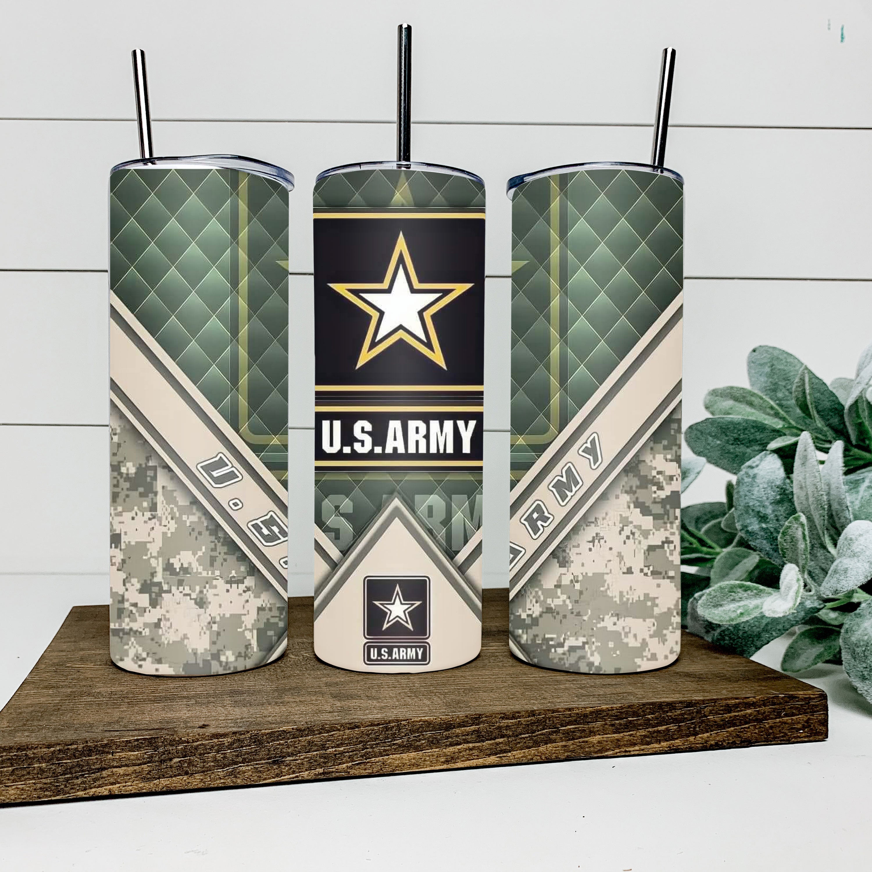Close-up of Army logo and camo pattern on travel tumbler