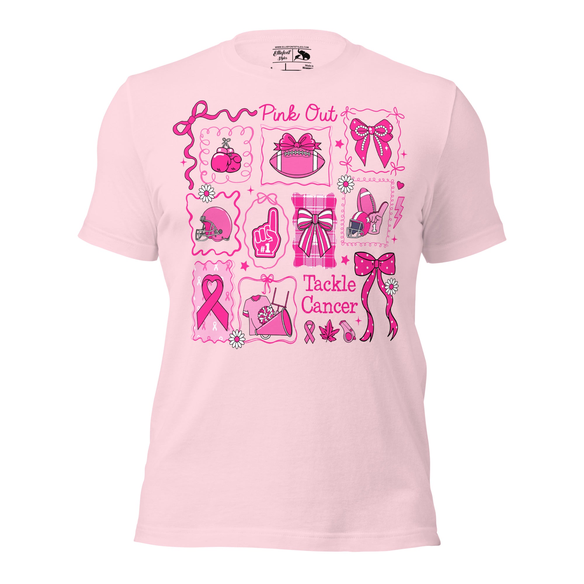 Pink Out breast cancer awareness shirt with ribbons and tackle cancer message