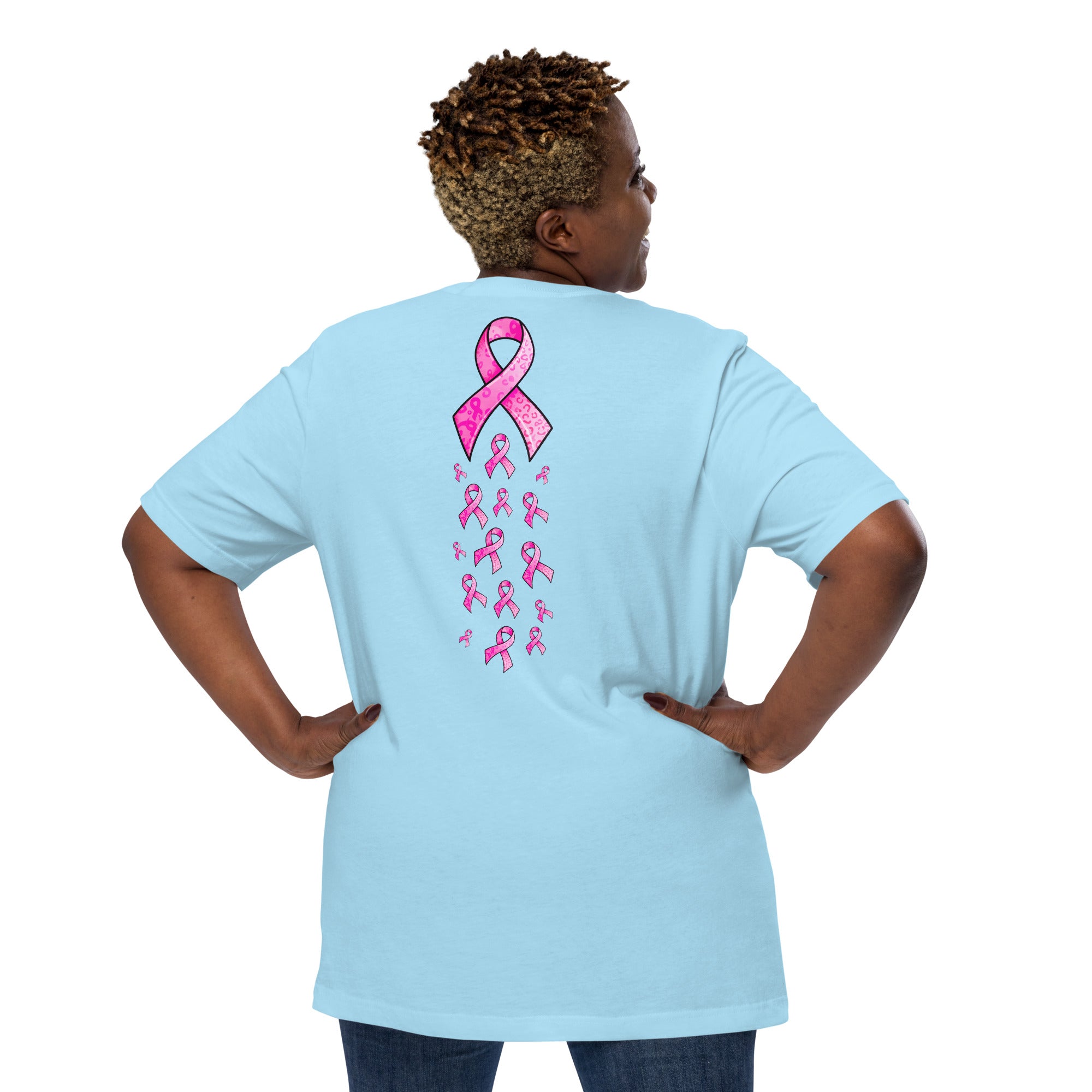 Front of shirt with pink breast cancer ribbon design