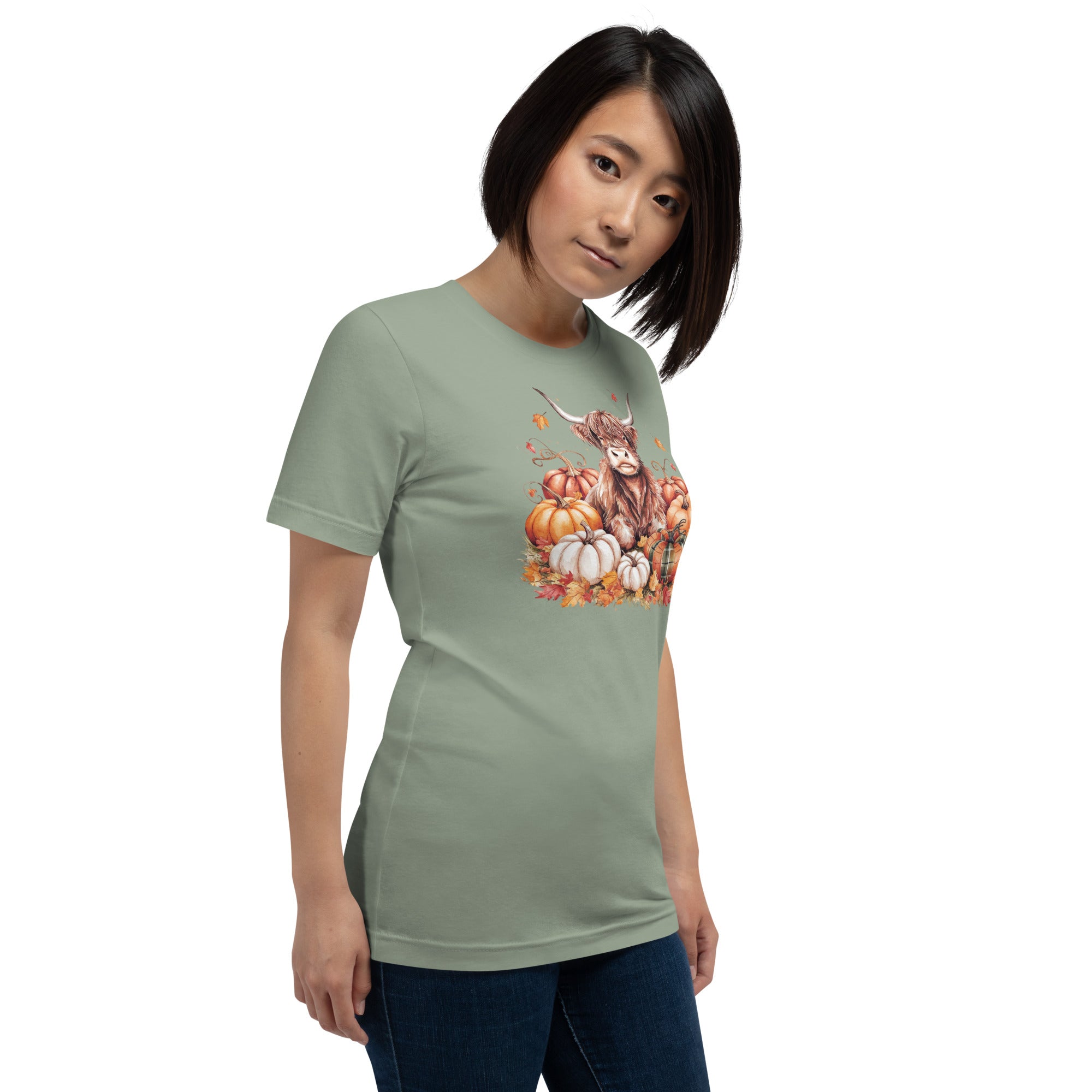 Pumpkin patch outfit shirt with Highland cow fall design.