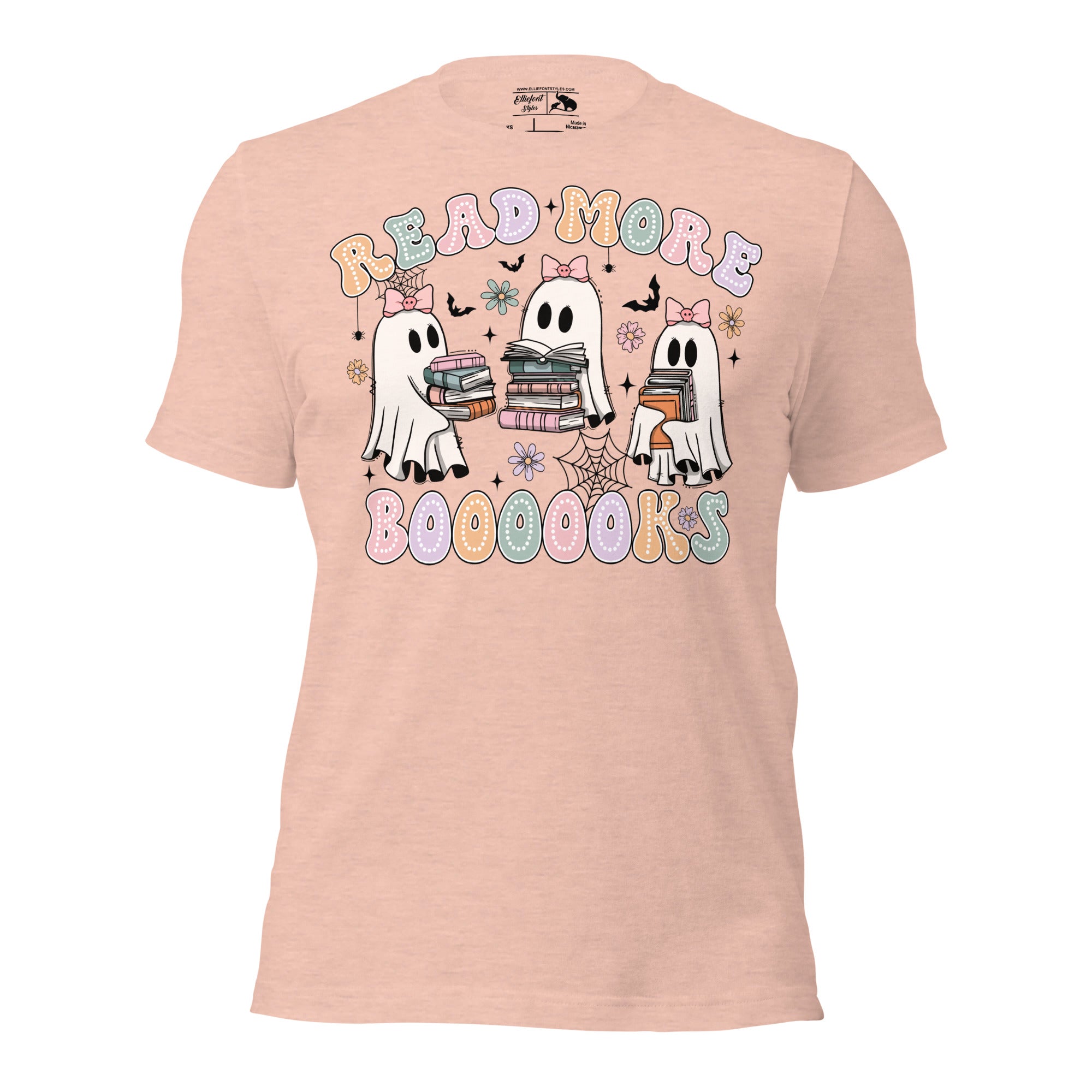 Funny librarian shirt with ghost reading books and pun read more boooooks