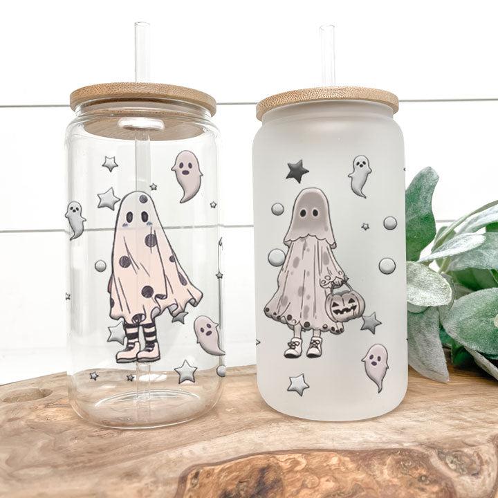 Reusable tumbler with vintage-style Halloween ghost artwork, unique gift for spooky season