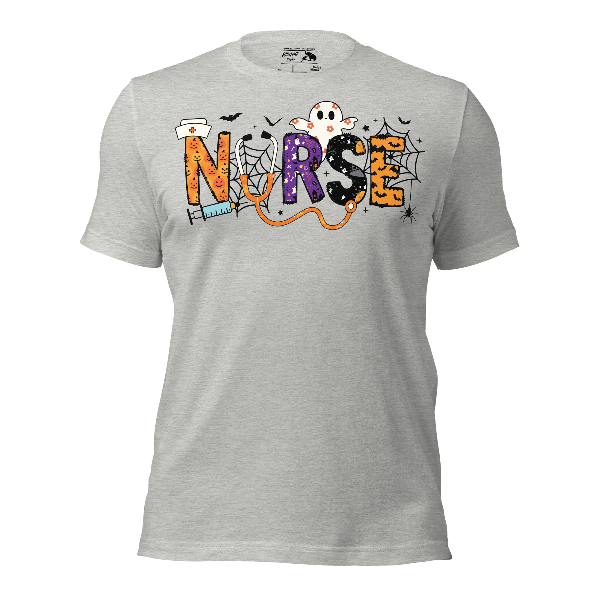 RN Halloween nurse shirt with doodle-style pumpkins and ghosts