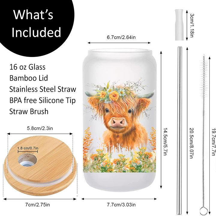 Highland cow in flower garden tumbler, 16 oz Libby Glass Can, charming gift for friends or family.