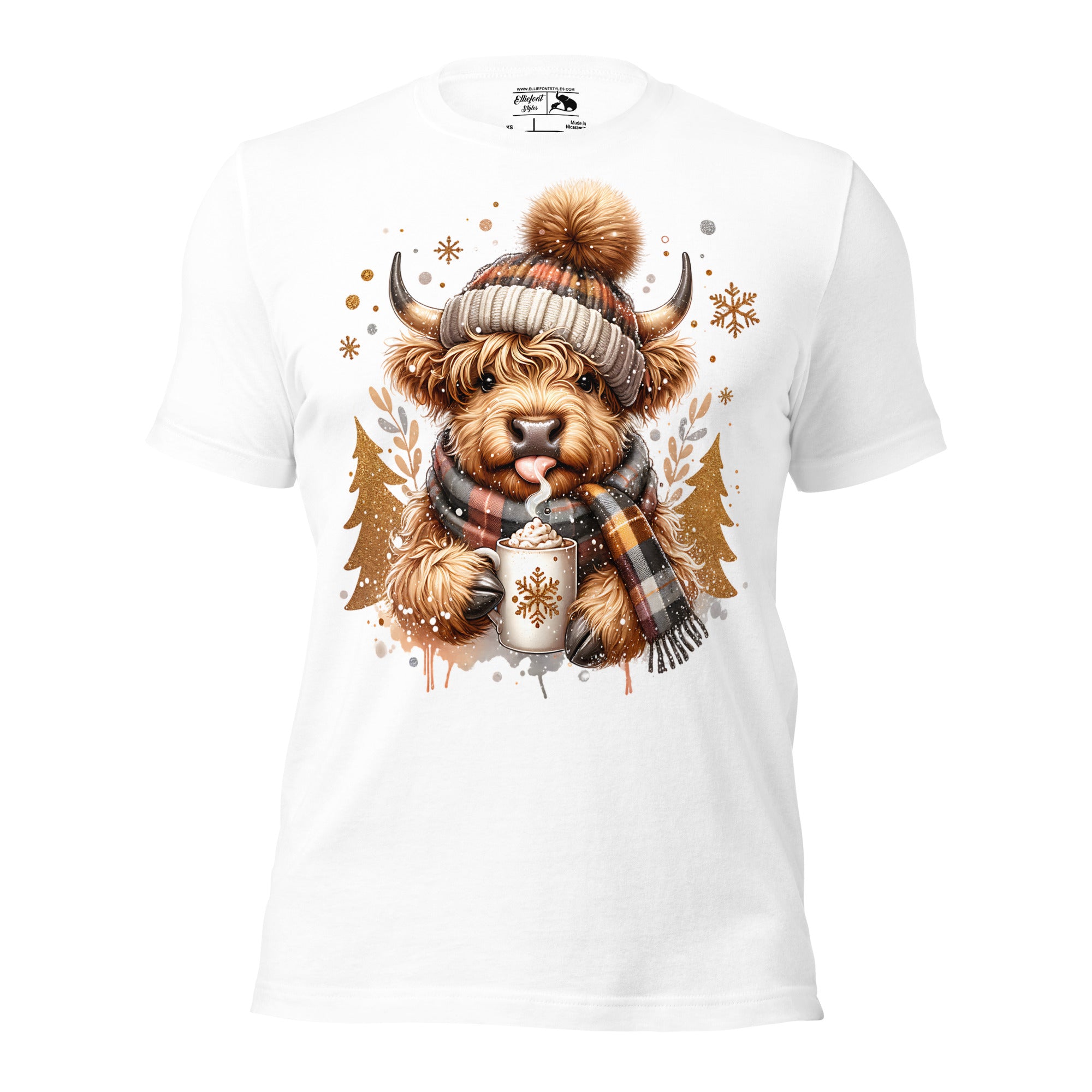Rustic graphic shirt featuring Highland cow with fall theme.