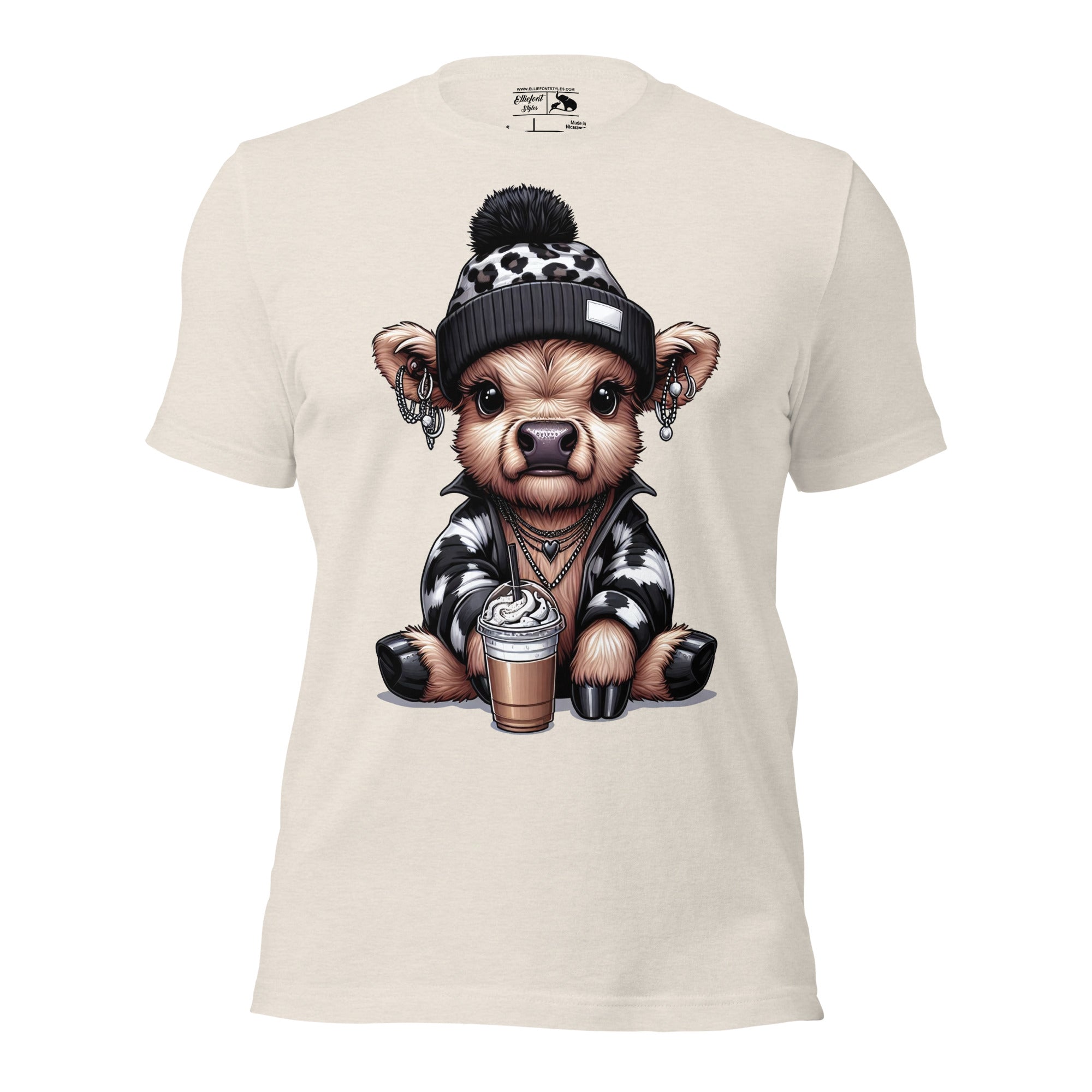 Rustic Highland cow shirt with coffee cup and beanie design