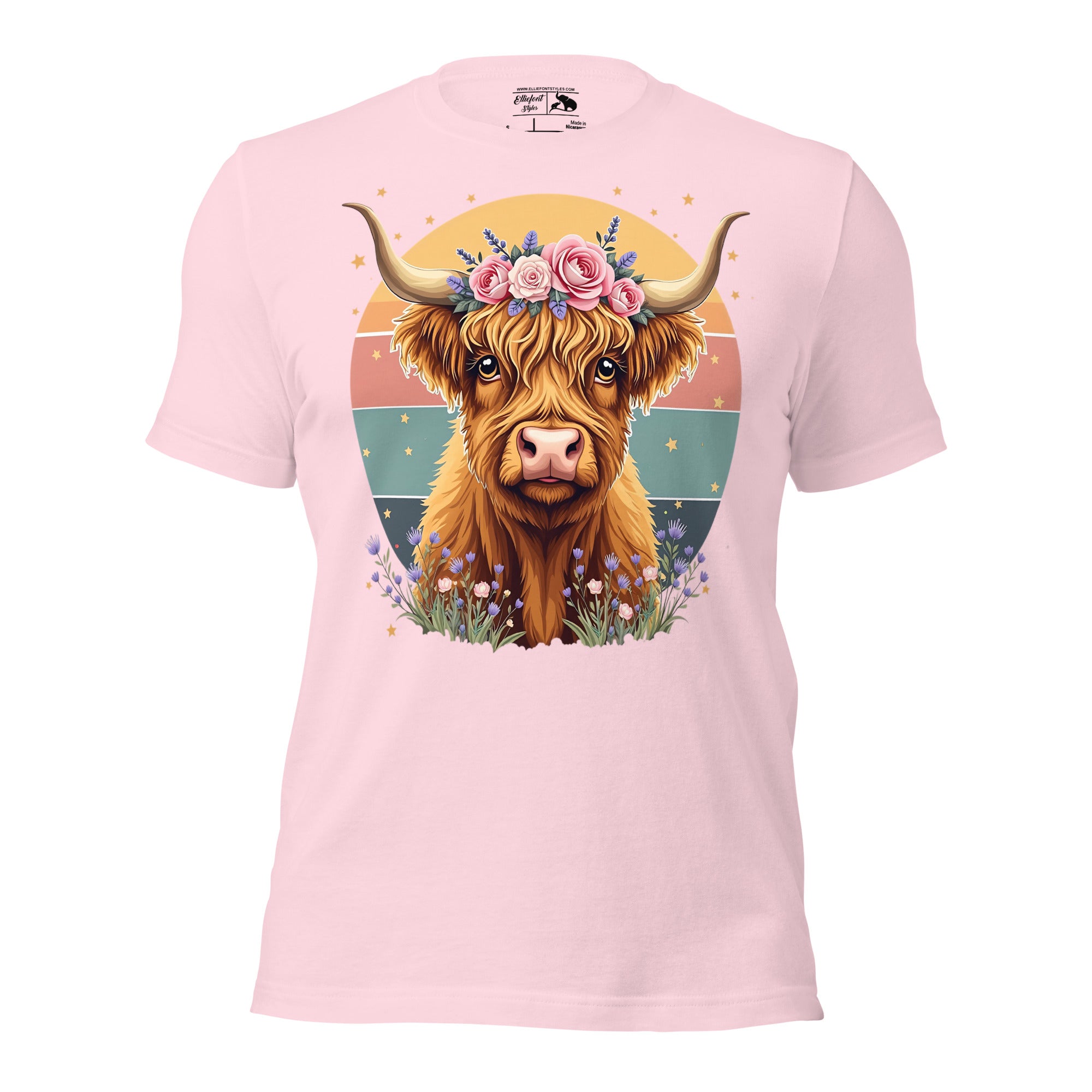 Rustic retro floral Highland cow shirt perfect for casual wear.