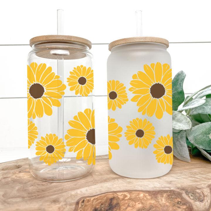 16 oz Libby Glass Can Tumbler with rustic sunflower design, ideal gift for birthdays or holidays.
