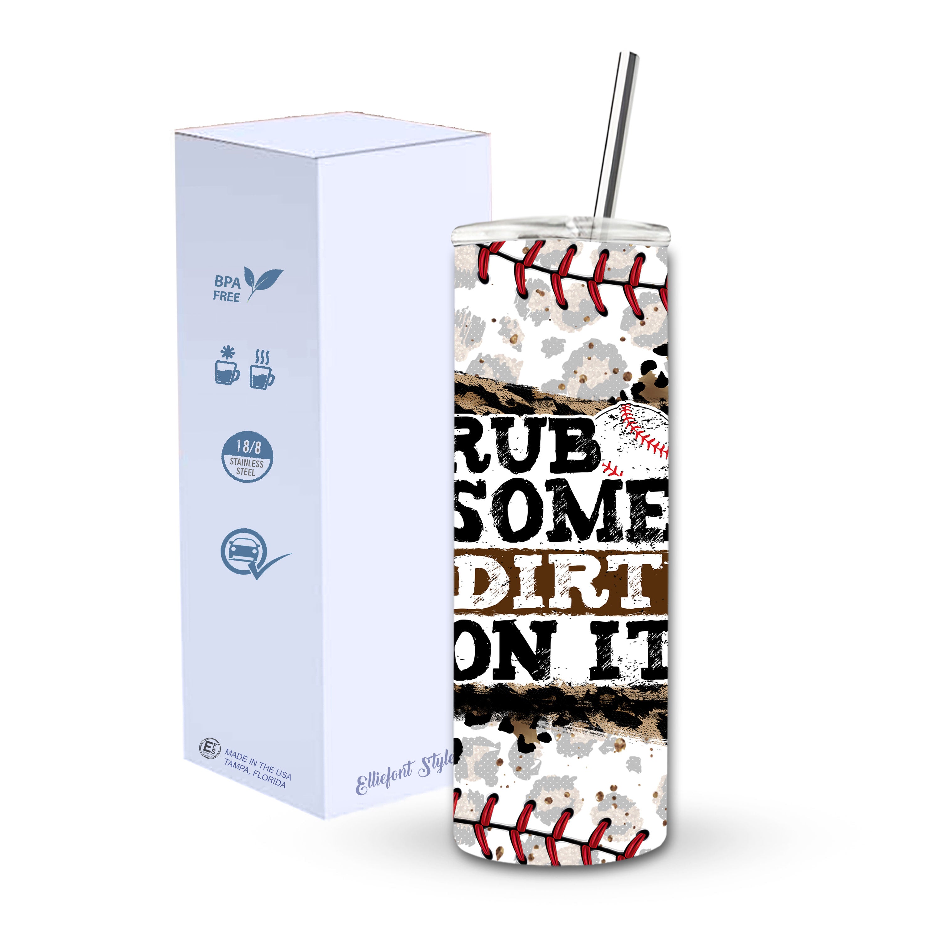 20 oz Skinny Tumbler, perfect gift for baseball lovers, featuring leopard print and motivational quote.