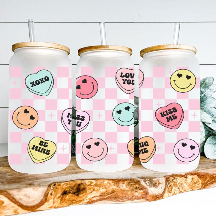 16 oz Libby Glass Can Tumbler featuring colorful Smiley Candy Hearts, perfect Valentine’s Day gift.