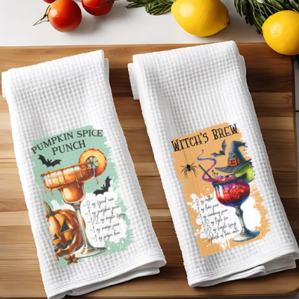 Halloween cocktail towel used as part of spooky home bar décor