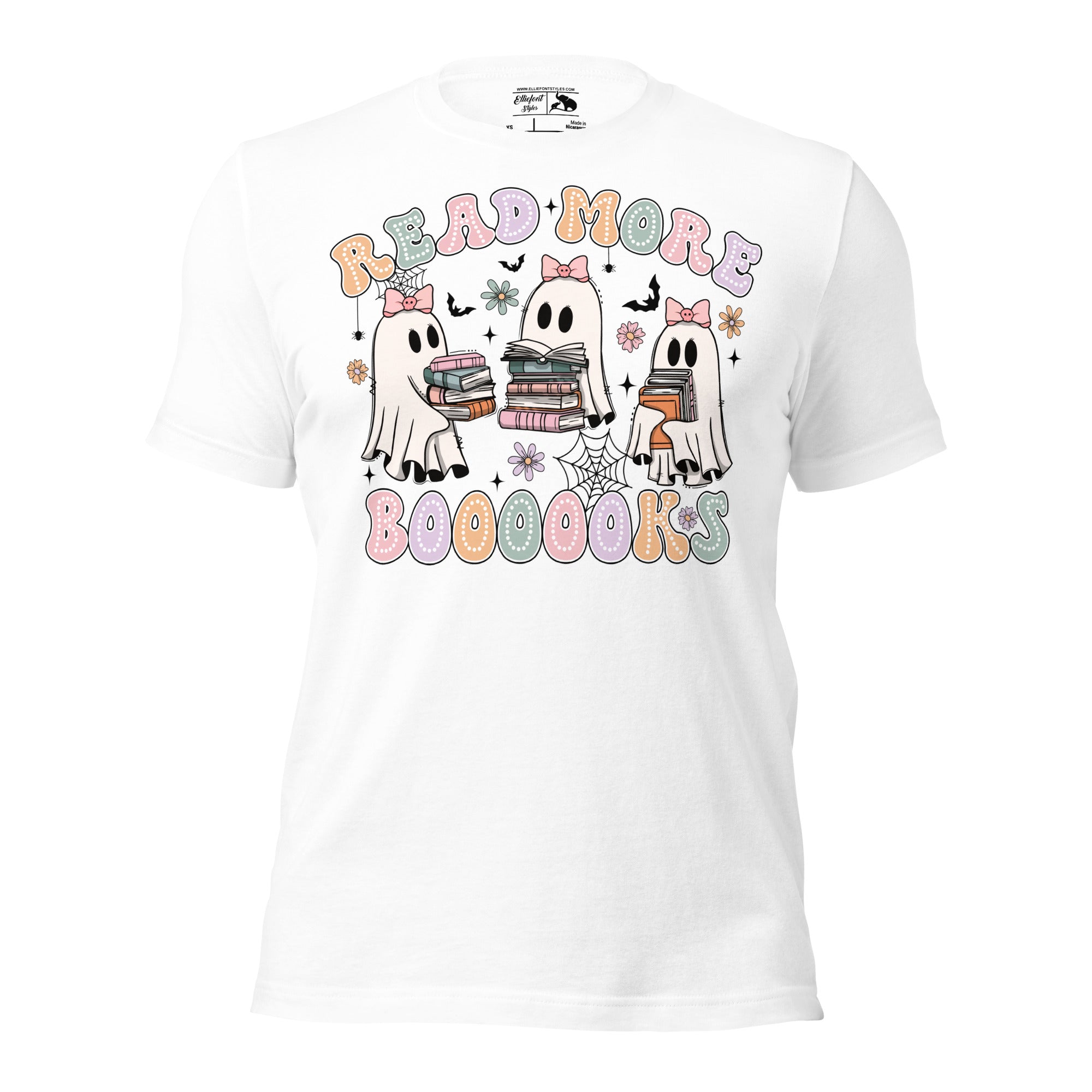 Spooky Halloween reading shirt with ghost and books graphic