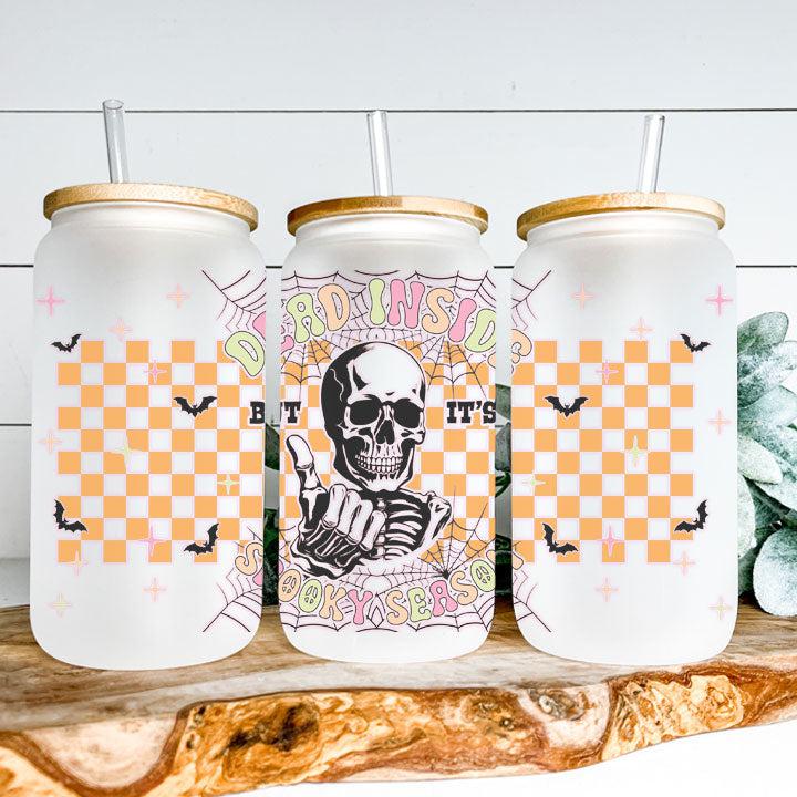 Libby Glass Can Tumbler with skeleton drinking coffee and “Dead Inside But It’s Spooky Season” design, perfect Halloween or fall gift.