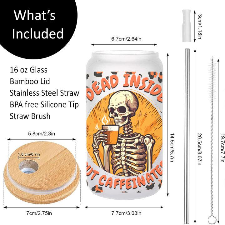 Funny skeleton tumbler with “Dead Inside But Caffeinated,” reusable iced coffee gift for friends or coworkers