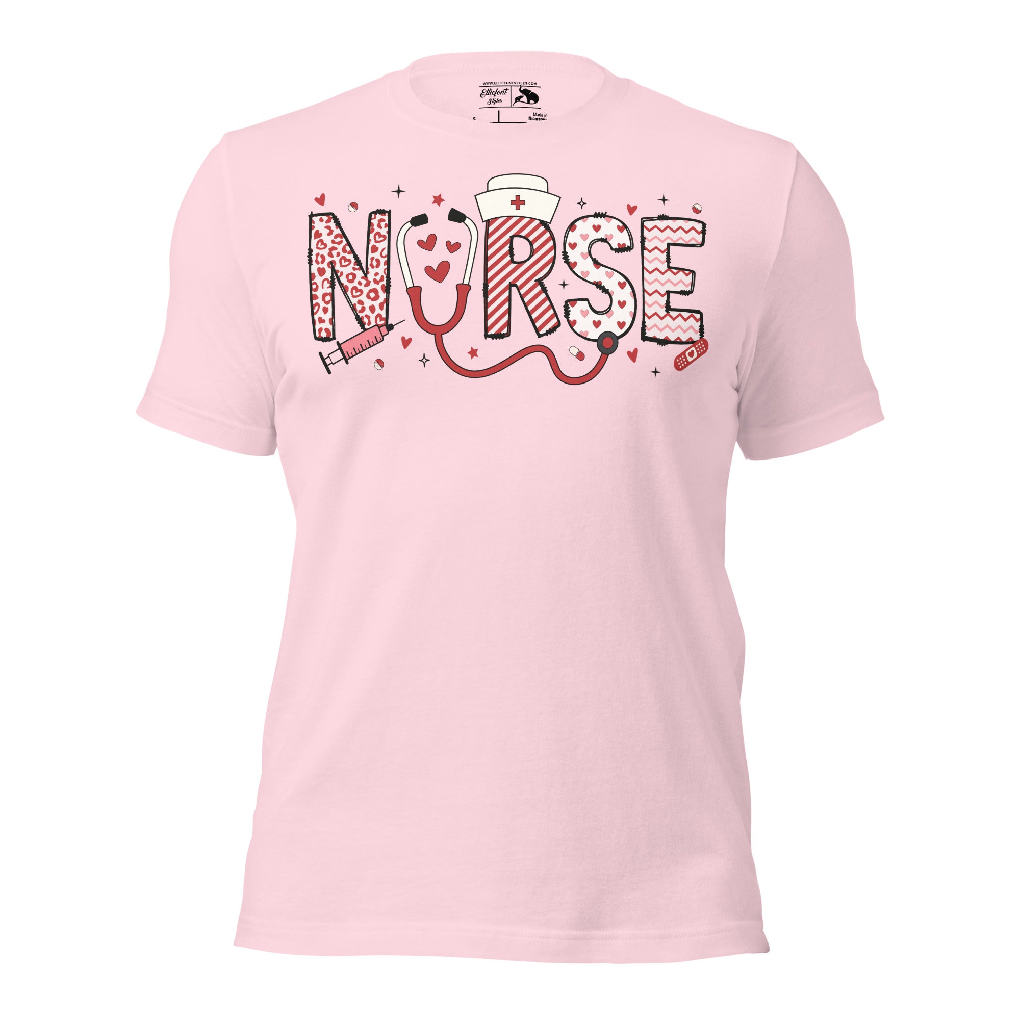 Nurse graphic tee with stethoscope and syringe spelling nurse