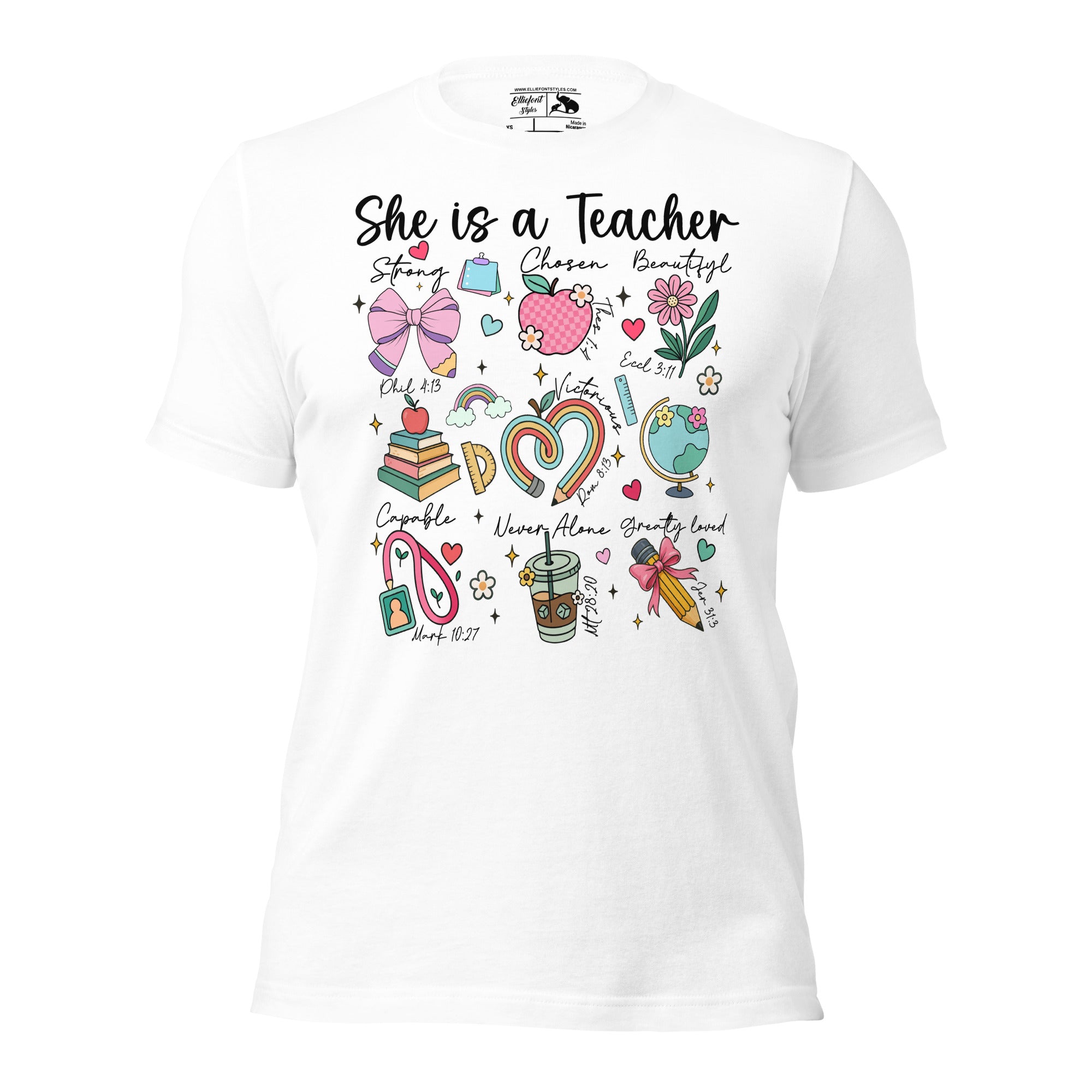Faith-based teacher shirt with inspiring Bible verses and croquette art