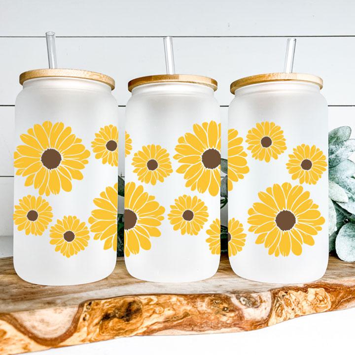 16 oz Libby Glass Can Tumbler featuring vibrant sunflower design, cheerful gift for friends and family.