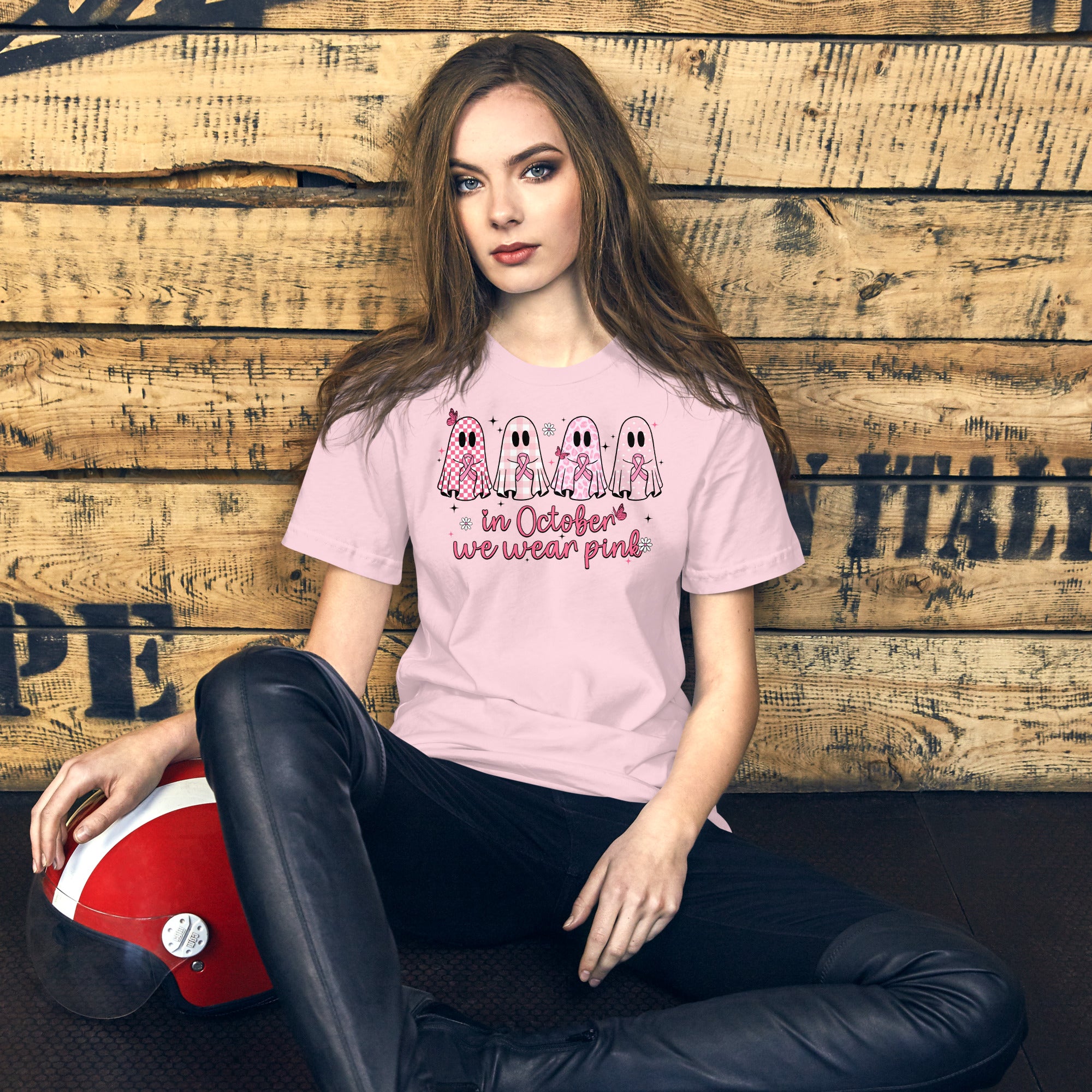 Support breast cancer awareness shirt with October pink ghost design