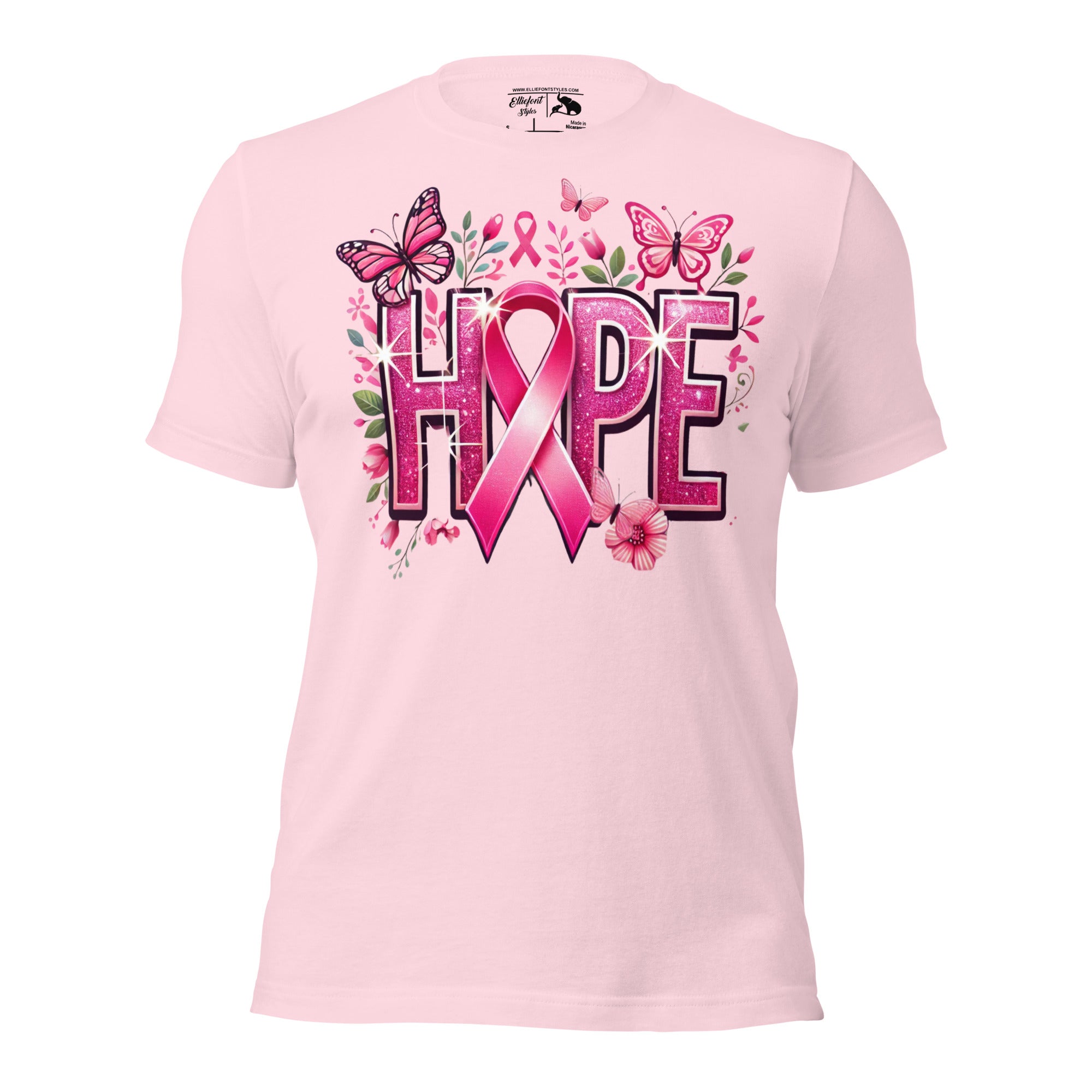 Supportive shirt with Hope lettering, pink ribbon, and butterfly accents