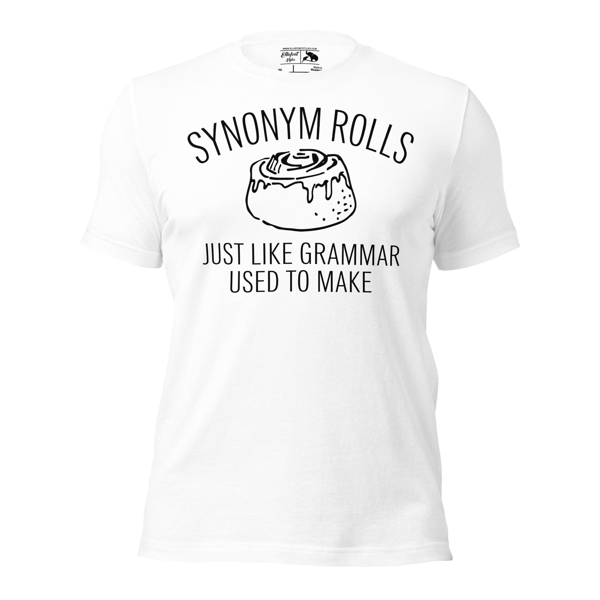 Funny graphic tee with cinnamon roll design for grammar lovers