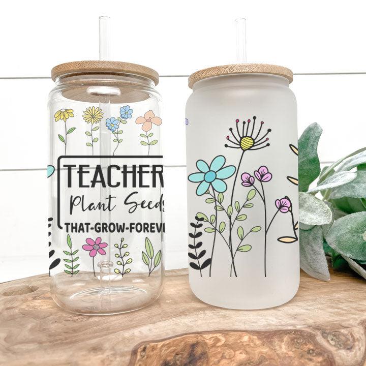 Reusable iced coffee tumbler with floral design and “Teachers Plant Seeds” wording, thoughtful gift for educators.