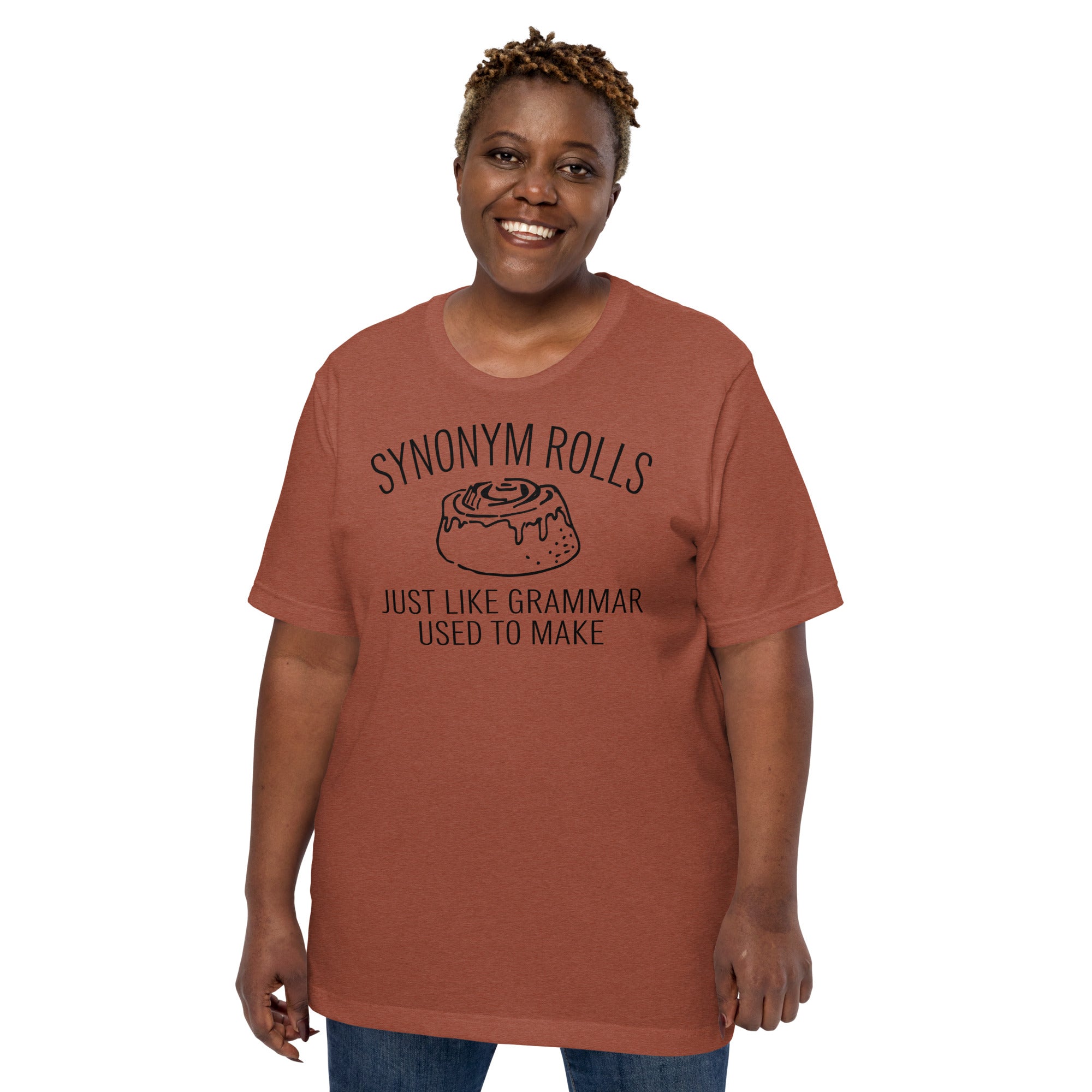 Teacher appreciation gift shirt with grammar pun and cinnamon roll graphic