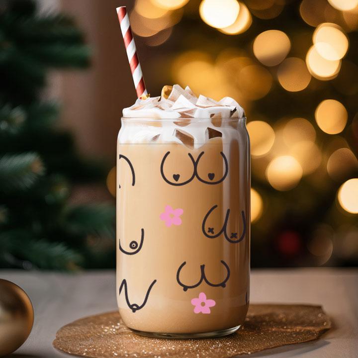 16 oz Libby Glass Can Tumbler with doodle boobs, perfect birthday or awareness gift