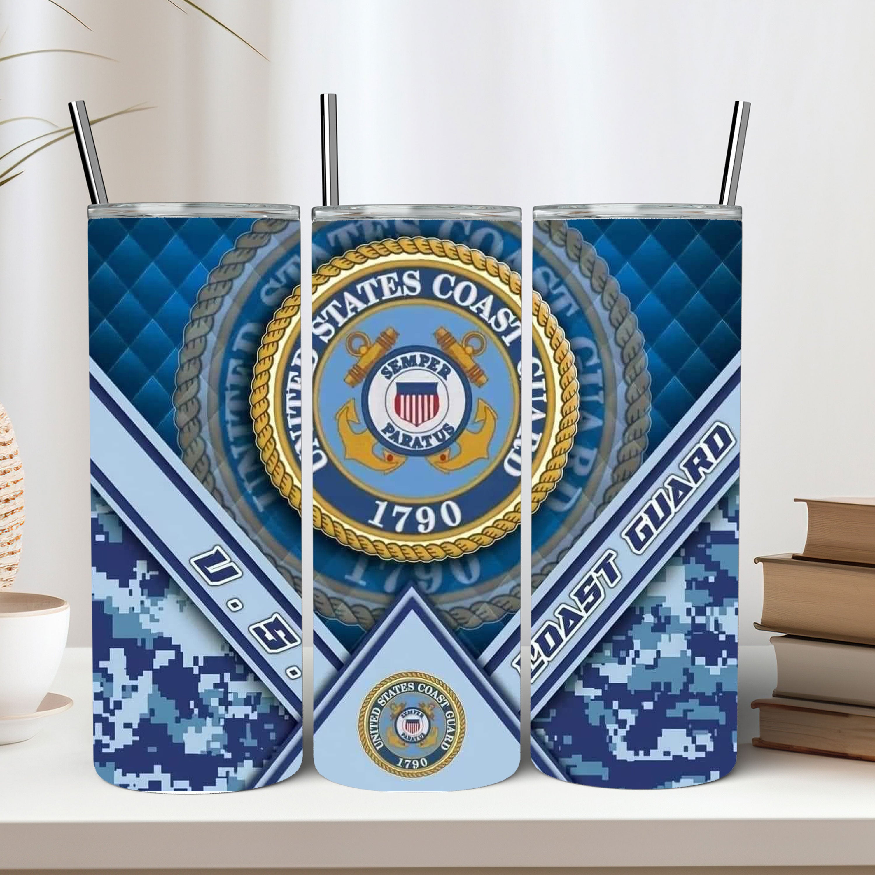 Coast Guard emblem tumbler shown as a military gift idea