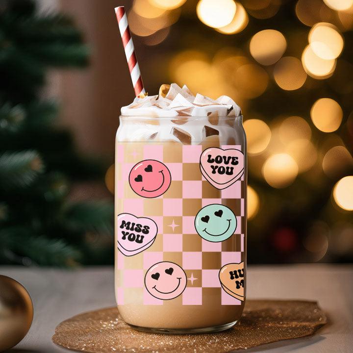 16 oz tumbler with Smiley Candy Hearts design, reusable and perfect gift for Valentine’s Day or friends.