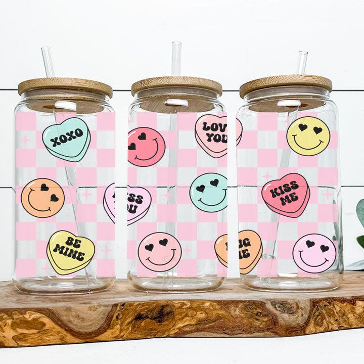 Reusable iced coffee tumbler with Smiley Candy Hearts, fun and playful gift for friends or loved ones.