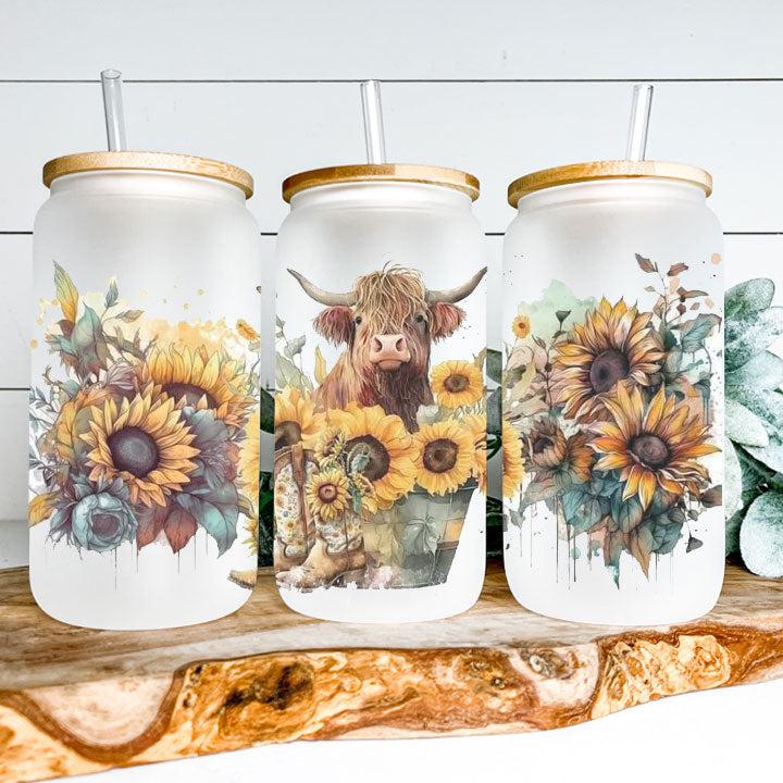 16 oz Libby Glass Can Tumbler with Highland cow and sunflower design in western style