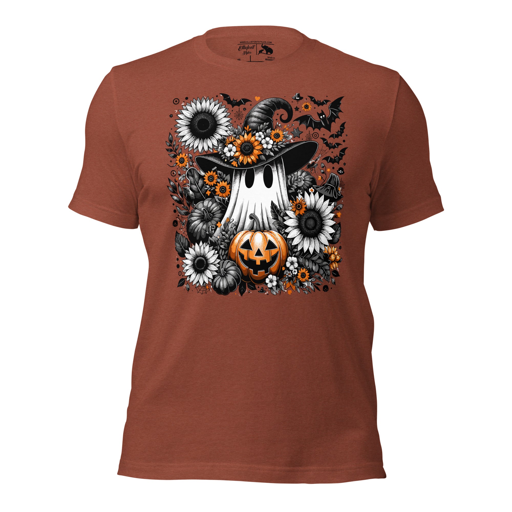 Whimsical ghost wearing witch hat Halloween shirt with floral pumpkin design