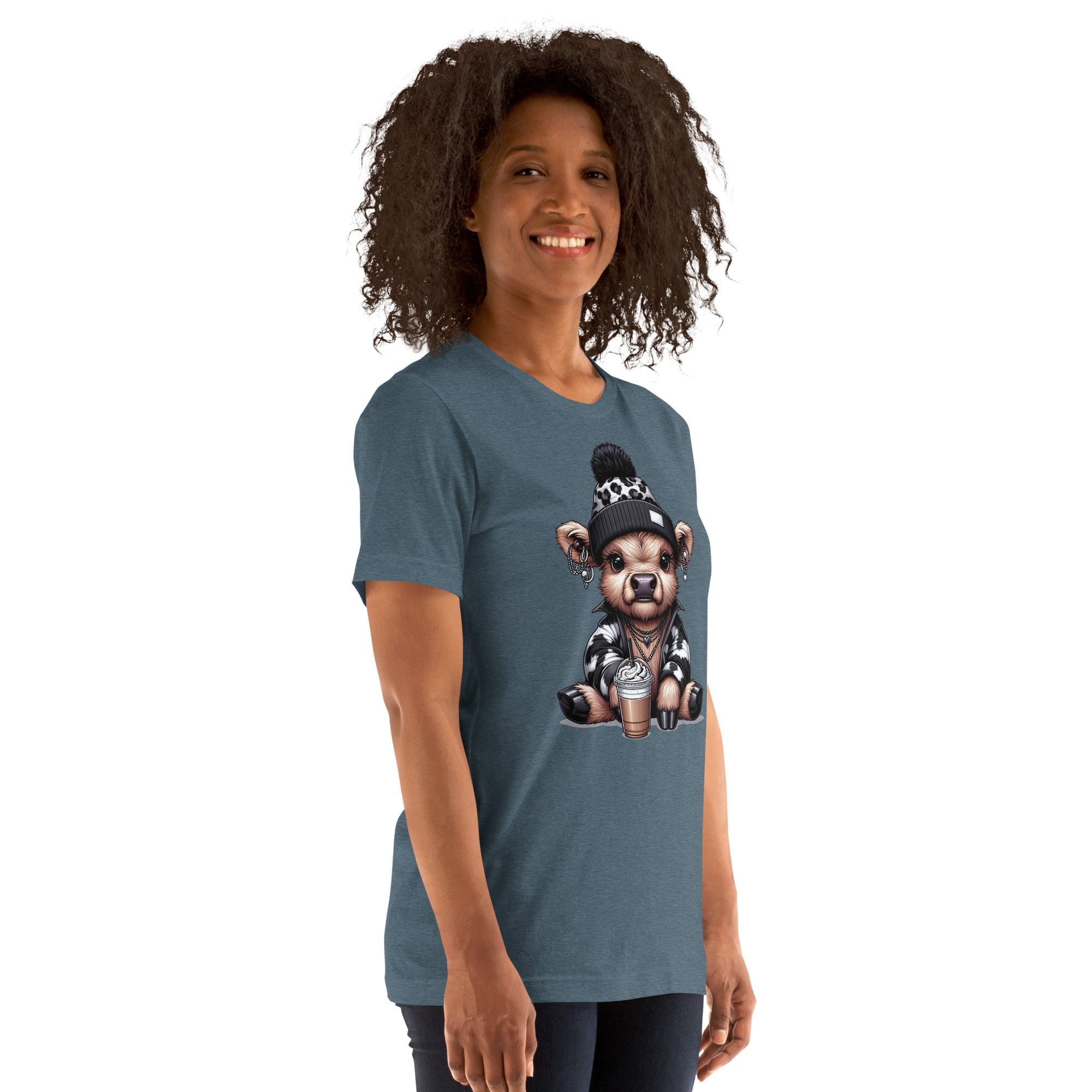Women’s farmhouse Highland cow shirt with beanie and coffee cup