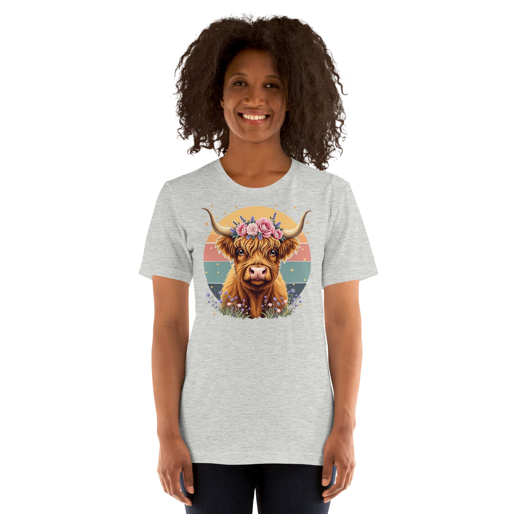 Women’s retro floral Highland cow shirt with farmhouse charm.