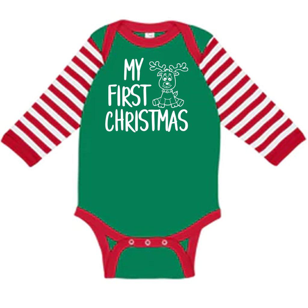 Baby's My First Christmas Bodysuit | Red and Green One Piece | Christmas Tree or Baby Reindeer - Elliefont Styles