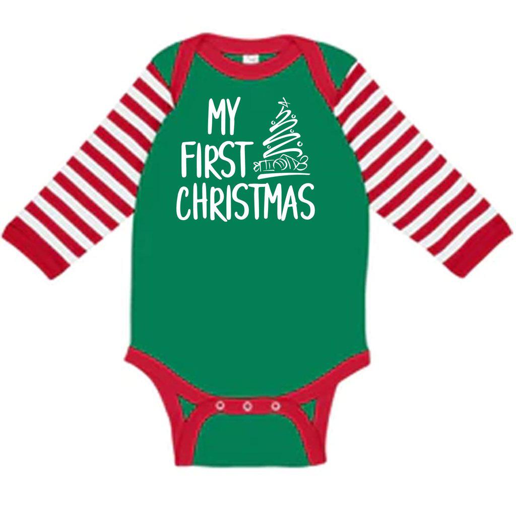 Baby's My First Christmas Bodysuit | Red and Green One Piece | Christmas Tree or Baby Reindeer - Elliefont Styles